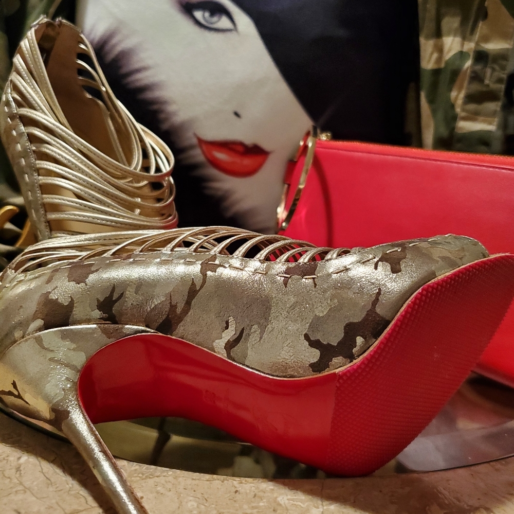 Christian Louboutin Gold Camouflage Heels with Red Soles
